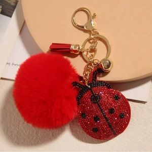 Red Rhinestone Ladybug 🐞 Tassel Key Chain Pom Pom Ball